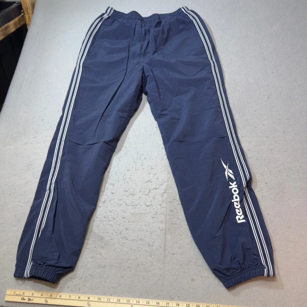 Reebok Track Pants Mens Medium Navy Blue Excellent Vintage Striped Nylon Joggers